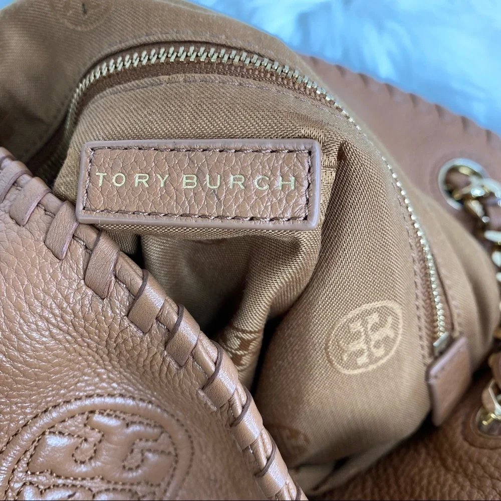 Tory Burch Bombé Slouchy Camel Leather Tote Bag